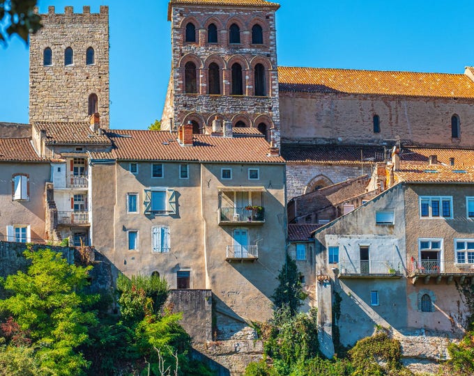 Italianate Church by Riverside, Cahors France Summer, Blue Sky Photography