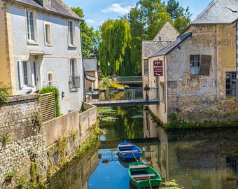 Tranquil French Canal Photo Download, Bayeux Rural Landscape, Medieval Mill and Cottages, Travel Gift Wall Art, Europe Picture