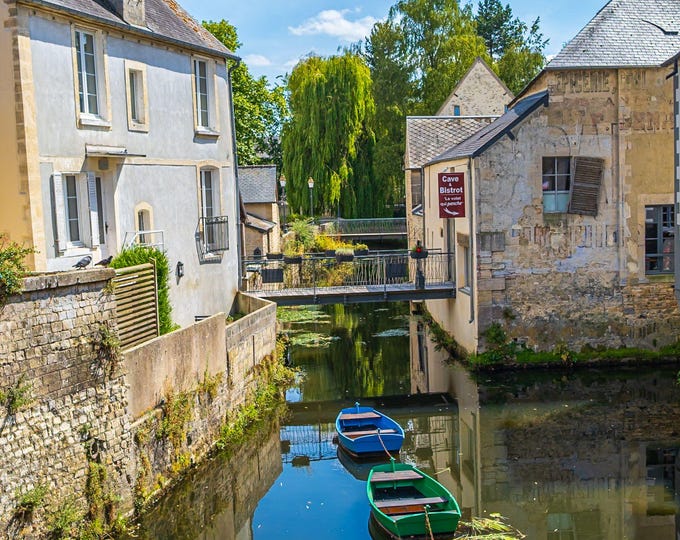 Tranquil French Canal Photo Download, Bayeux Rural Landscape, Medieval Mill and Cottages, Travel Gift Wall Art