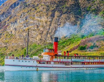 Steamboat on Placid Lake with Mountain Views – Queenstown, New Zealand Photography