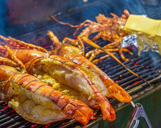 Pink Lobster BBQ, Sizzling Charcoal, Thailand Restaurant Scene Photo