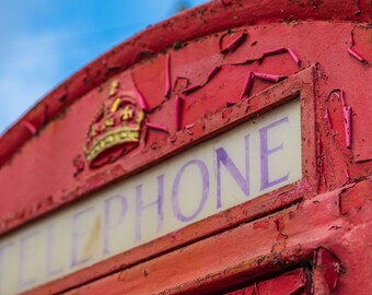 English Red Phone Box, Faded Paint Against Blue Sky, Devon Photography Download