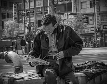 Black and white photo Man Reading Newspaper on Busy Street - Seoul, South Korea - Urban Photo Print, Traveller Gift, Asian Street Scene