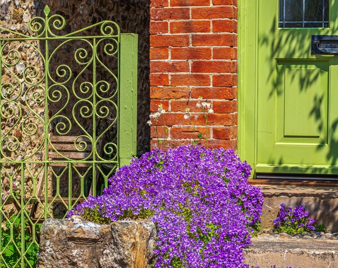 Charming Devon Cottage Photo Download, Ancient Village Doorway with Purple Flowers, Boho Wall Art Gift for Nature Lovers