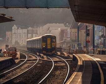 Devon Railway Platform Photo: Misty Morning Train Print (Digital Download)
