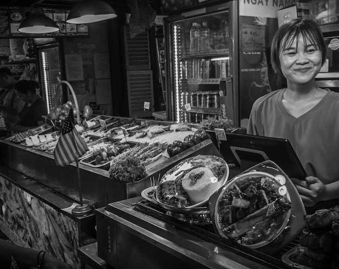 Black and White instant Download Photo Lady Serving Vietnamese Street Food, Saigon Food Art Travel Lover High Res fine Art Gift Print