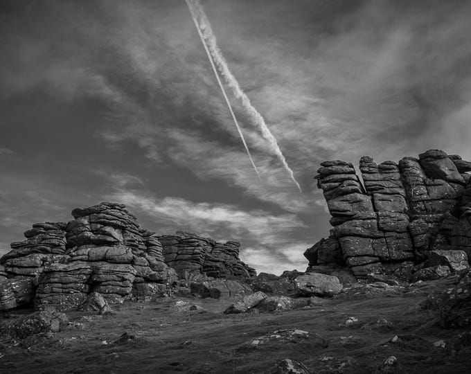Stunning BW Photo Instant Download  of Dartmoor Tor with Vapour Trails, Digital - Dramatic Devon Landscape Photography for Wall Art & Gifts