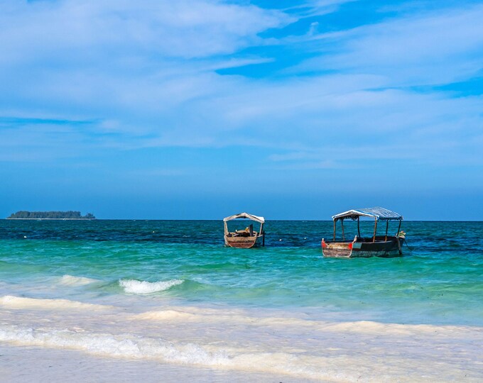 Zanzibar Beach Photo – Blue Sky, White Sand, Traditional Boats – Instant Download