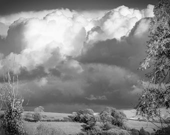 Black and White Landscape Photo - Dramatic Clouds Over Fields - Budleigh Salterton, Devon Digital Download, High Res Fine Art