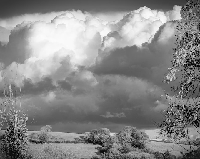 Black and White Landscape Photo - Dramatic Clouds Over Fields - Budleigh Salterton, Devon Digital Download