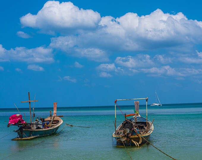 Photo Instant download Colorful Fishing Boats in Bali – Coastal Print for Travel Lover Gift – Azure Sea Blue Sky Decor wall Art