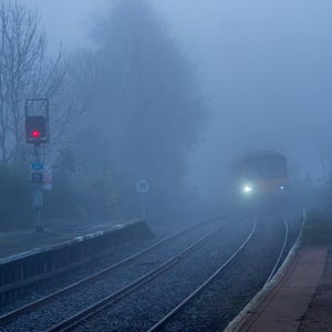 May include: A train emerges from the fog on a railway track. The train is yellow and has a white 'W' on the side. The track is surrounded by trees and a platform.