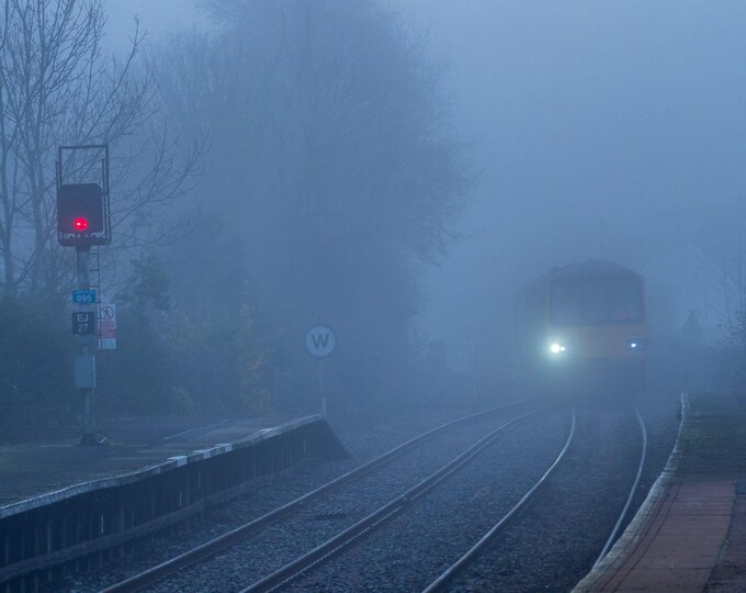 Instant Photo Download  of Train Arriving at Station, Foggy Winter's Day Devon, train lover fine art High res gift wall decor, For Him