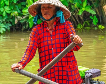 Vietnam Photograph – Woman Rowing on Mekong River | Travel Asia Wall Art | Instant Digital Download"