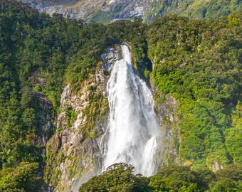 Spectacular Waterfall Photo Download, Milford Sound NZ Fine Art, Traveller Gift & Coastal Wall Art, High Res, NZ Waterfall Landscape