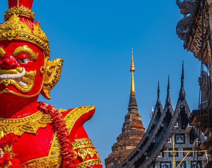 Thai Red God Statue - Temple in Bangkok Photo | Instant Digital Download|Travel lover gift|Asian Wall Decor Print|High Res Fine Art Photo