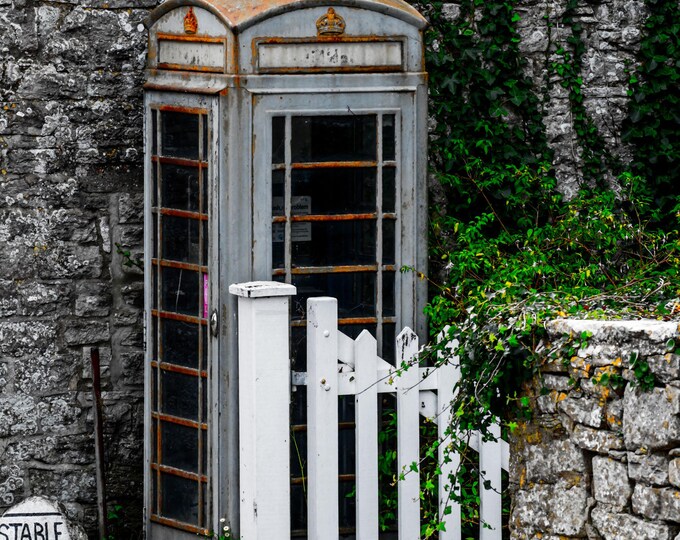 Wonderful Vintage Grey Telephone Box Photo Download, Devon Cottage Wall Art Gift Decor, Ancient Cottage Art High Res Fine Art Decor