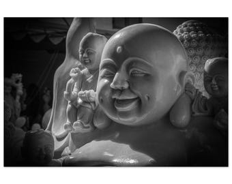 Laughing Buddha Angkor Wat Black and  White Aluminium Wall Art