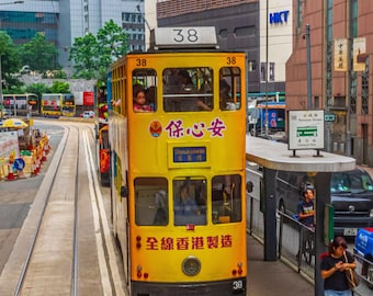 Vintage Yellow Tram in Hong Kong - Colorful Busy Street Photo - Instant Digital Download, Travel Lover Gift Asian Wall Art High Res