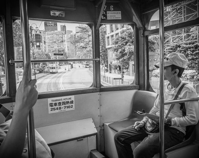 Black & White Tram Photo - Hong Kong Street Scene - Local Passengers Print Download