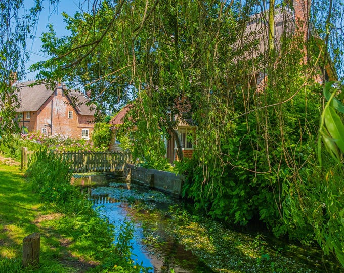 Ancient Village Scene Photo Download | Stream and Stone Cottages | Rustic English Countryside Wall Art | Instant Digital Photography