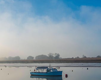 Blue Boat Calm Mist River Exe Reflection Photo Download