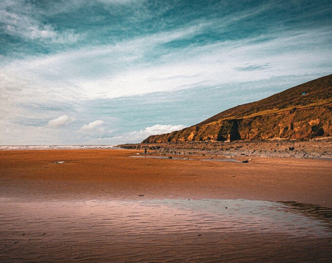 Wide Sweep Cornish Beach Photo Download, Blue Sky Wall Art, Beach Lover Gift Decor, High Res fine art landscape for Her