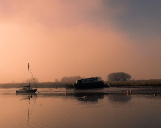 Sunrise Through Mist Silhouetted Boats, River Exe Devon Photo Download, River Decor Gift for Water boat lover, High Res Fine Art for her