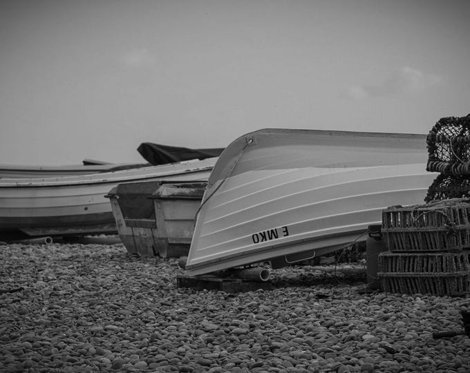 Black & White Photo of Small Boats on Beach - Budliegh Salterton, Devon - Instant Download