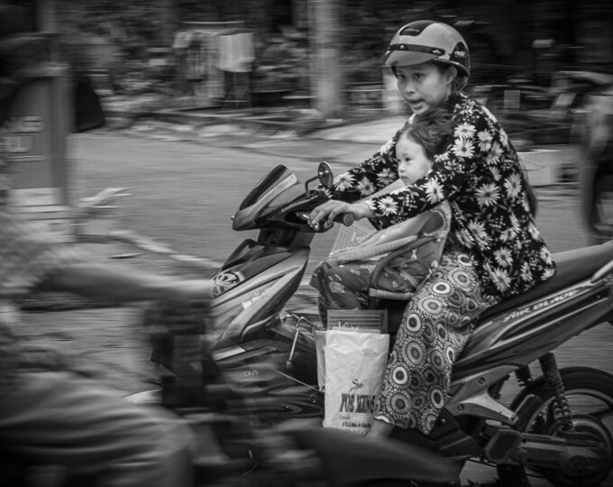 BW Photo Lady and Child on Moped Saigon Vietnam Download