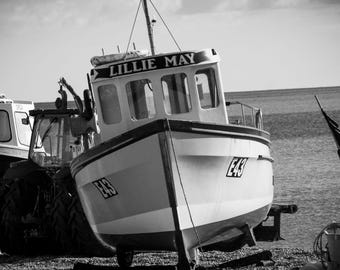 Devon Beach Fishing Boat Photo: Black and White Nautical Wall Art (Digital Download)