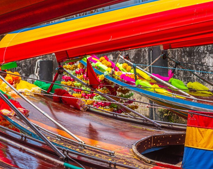 Colorful River Boats in Bangkok Photo Download, Asia Fine Art Print, Gift for City and River Lovers
