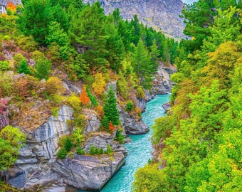 Arrowtown River Autumn Photo Download, New Zealand Travel Gift, Wooded Ravine Wall Art Decor