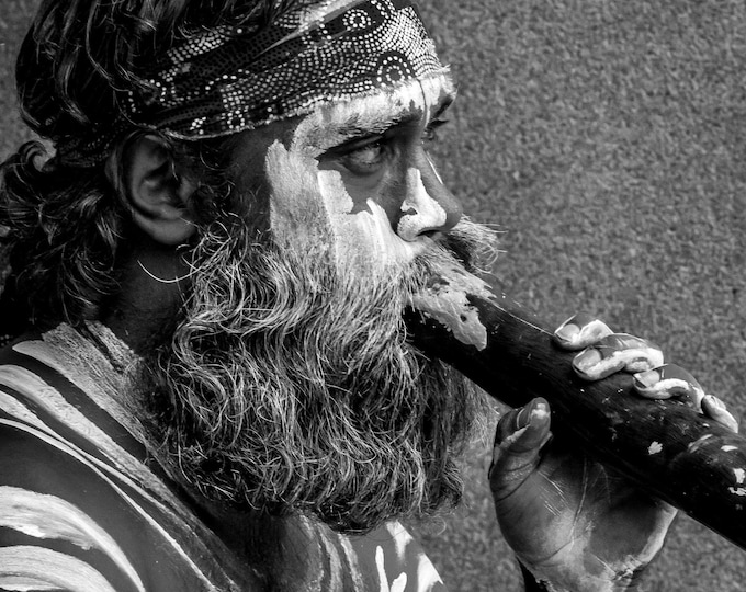 Black and White Photo, Indigenous Australian with Didgeridoo, Sydney Australia
