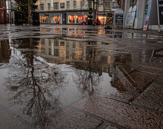 Shop Lights Reflected in Puddle - Urban Street Scene Photo | Digital Download Devon Art|High res fine art gift| Flower cottage decor
