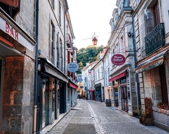 Brantôme France Photo Print: Cobbled Street, Cafe Scene (Digital Download)