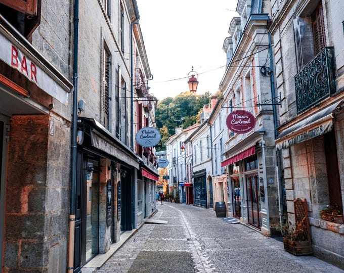 Brantôme Photo Download – Ancient Cobbled Street – Cafes and Shops in Rural France. Medieval print  Gift, French Decor Wall Art