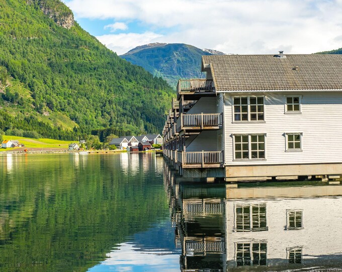 Norwegian White Timber Houses with Fjord Reflection Print | Nordic Landscape Photo | Mountain Lake Scene | Instant Digital Download Art