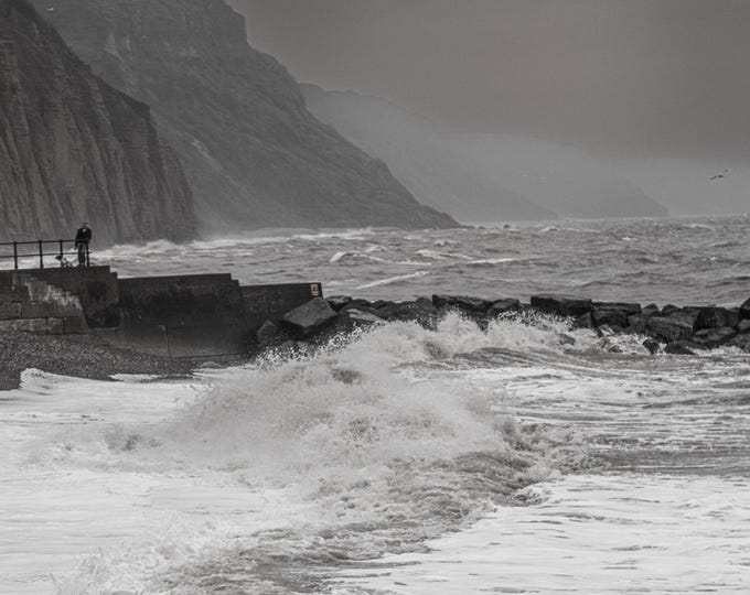 Black & White Storm Photo Download, Devon Atlantic Coast, Dramatic Sea and Cliffs, Monochrome Coastal Wall Art, Instant Print decor