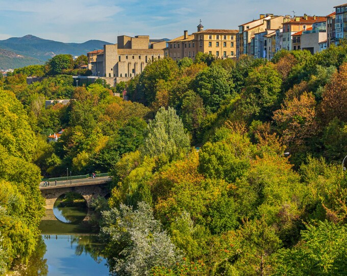 Instant Download Photo View City Pamplona Spain Summer Hues River Trees, Spain Lover, Rural City Europe Decor Wall Art High Res