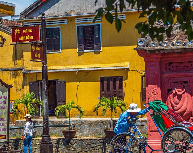 Rickshaw and Ancient Buildings Hoi An Photo Download – Vibrant Yellow & Red Asia Wall Art, Travel Lover Gift, High Res Fine Art Print