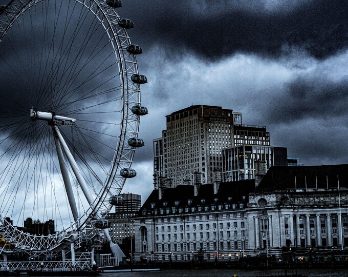 London Eye Photo – Storm Clouds Over County Hall and River Thames – Instant Download, London Landscape Decor gift, london scene lover,