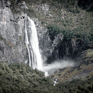 Norway Waterfall Fjord Print | Mountain Cascade Photo with Mist | Nordic Nature Wall Art | Instant Download Landscape Photography,