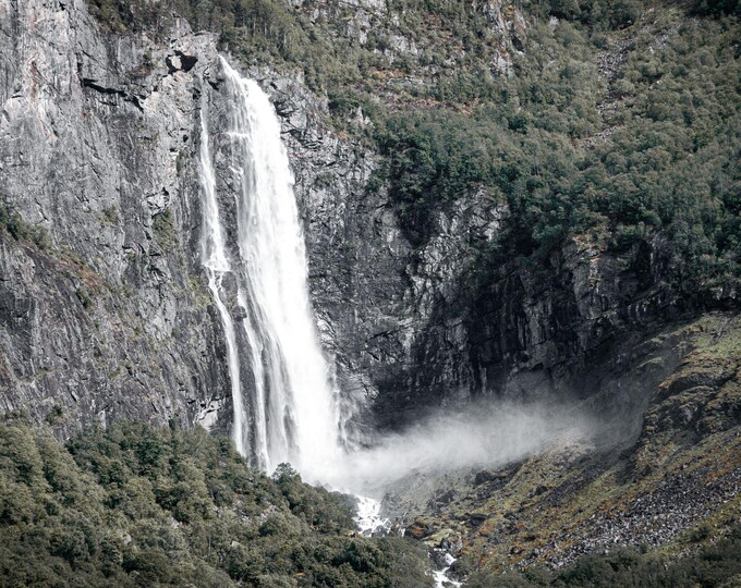 Norway Waterfall Fjord Print | Mountain Cascade Photo with Mist | Nordic Nature Wall Art | Instant Download Landscape Photography,