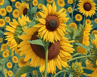 AI Enhanced Sunflowers Photo | Vibrant Floral Wall Art Print | Instant Download | Digital Botanical Artwork |