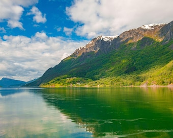 Norway Fjord Reflection Print | Mountain & Water Landscape Photo | Calm Nature Wall Art | Digital Download | Scenic Instant Print