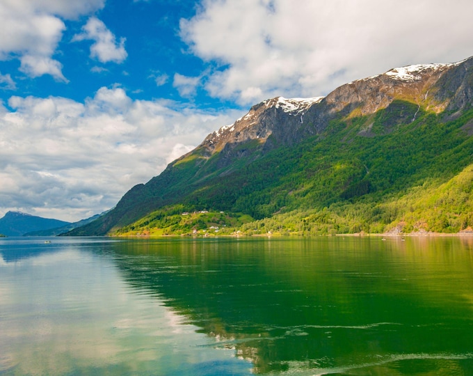 Norway Fjord Reflection Print | Mountain & Water Landscape Photo | Calm Nature Wall Art | Digital Download | Scenic Instant Print