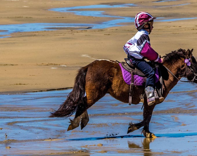 Little Girl Jockey with Pony at Beach Races - Queensland Australia | Instant Download Photo| Horse decor fine art gift for her| High Res