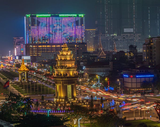 Phnom Penh Night Photo - Main Square Cityscape Print - Cambodia Travel Art Instant Download Travel Lovers Gift , Asia night Art Wall Decor