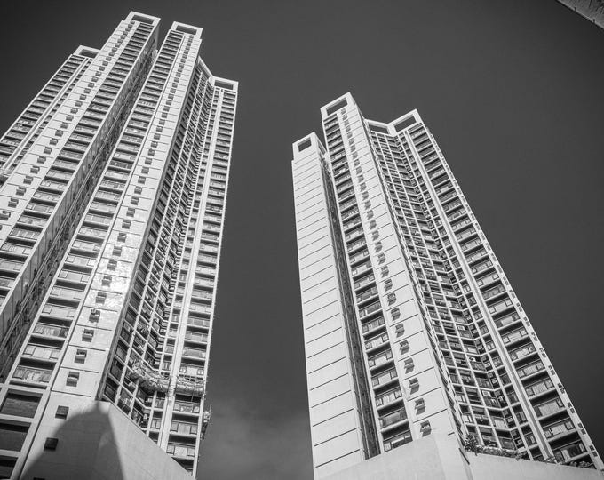 Black and White Twin Towers Photo - Hong Kong Architecture Print - Instant Digital Download, Travel Photo High Res Fine Art Wall Decor
